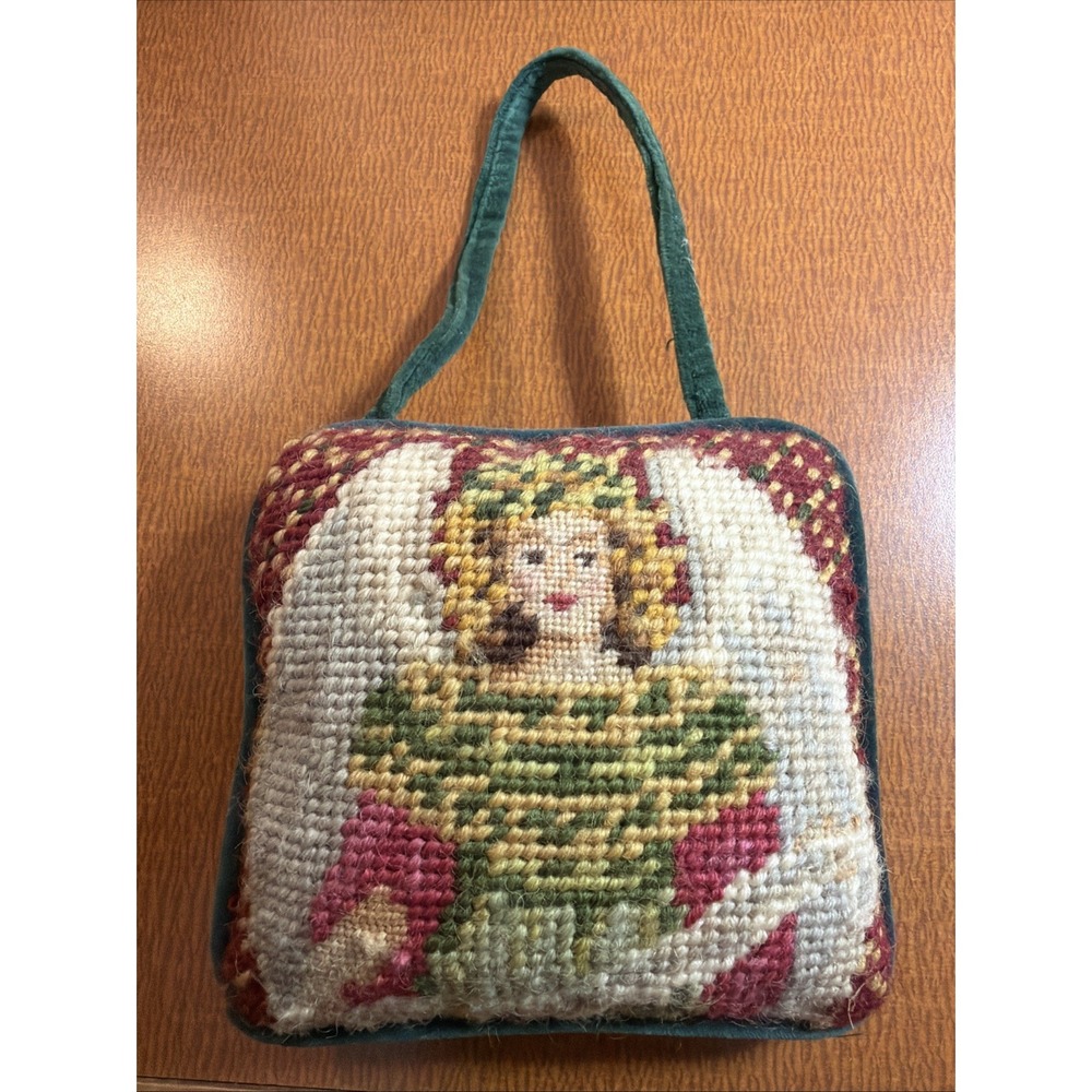 Vtg Needlepoint Angel Pillow Christmas Red Green Velvet Back 5" Square Used